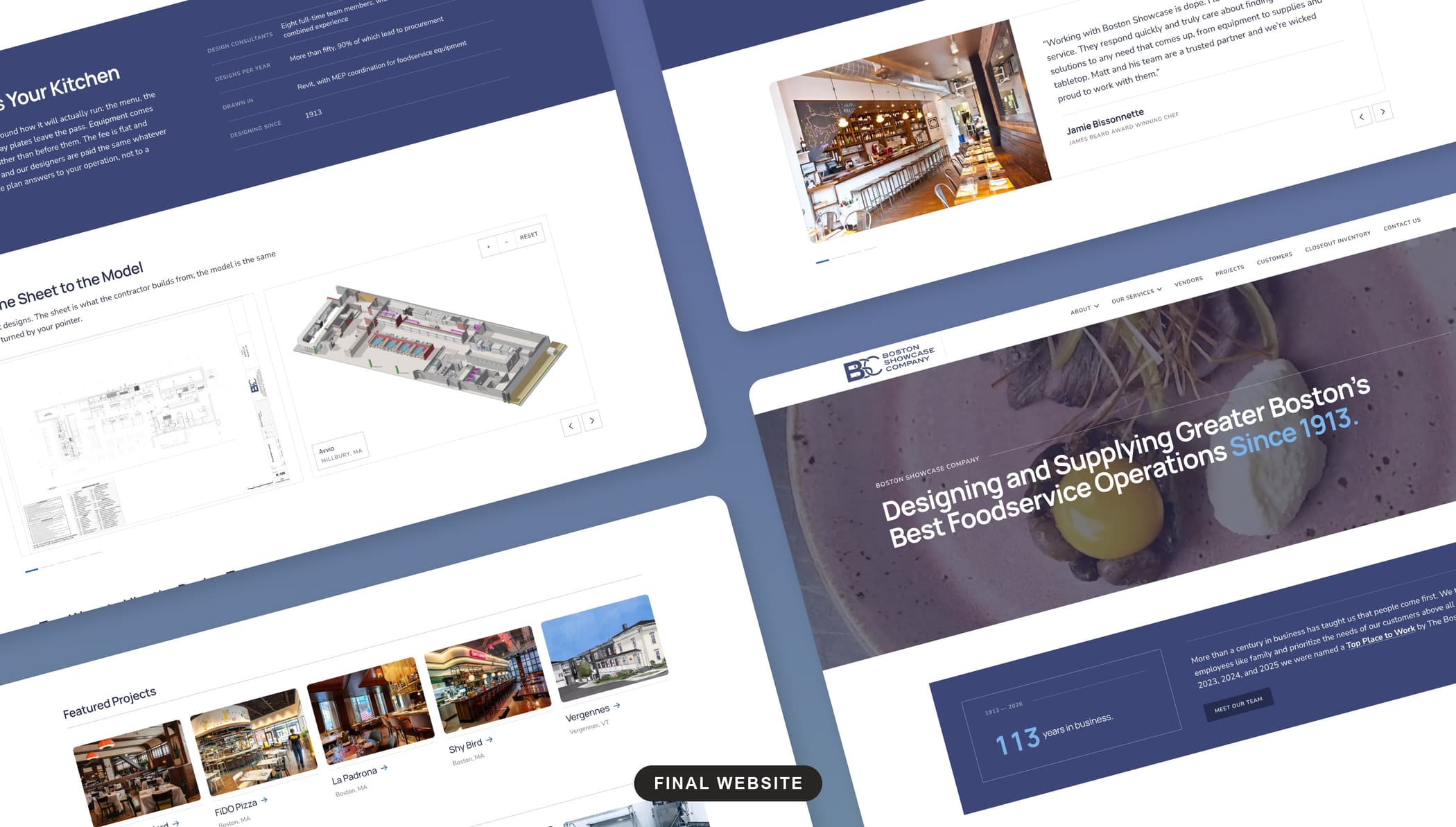 Angled array of the final website: the homepage, a testimonial, the sheet-to-model carousel and featured projects