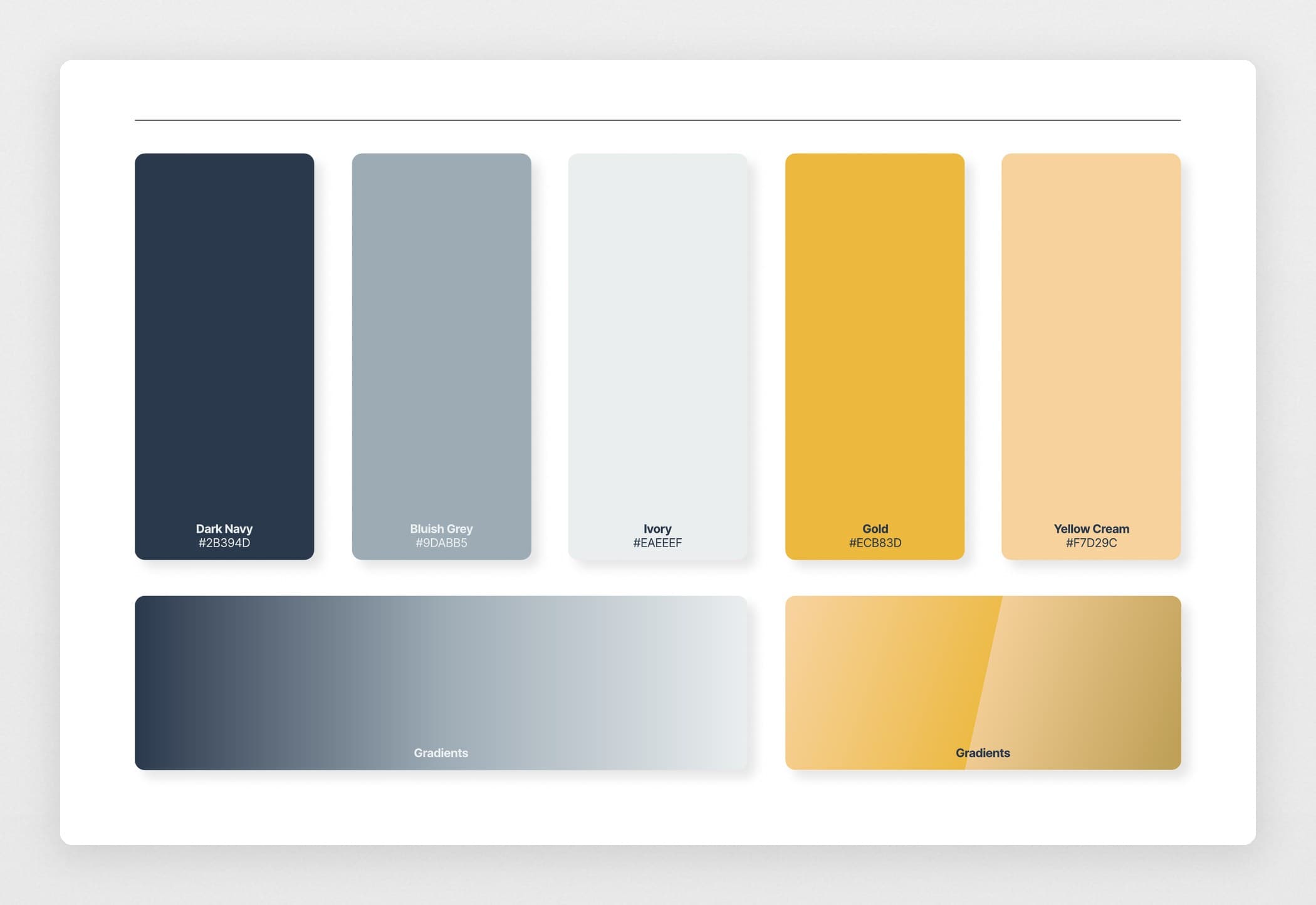 Brand palette: dark navy, bluish grey and ivory, with gold and yellow cream as accents