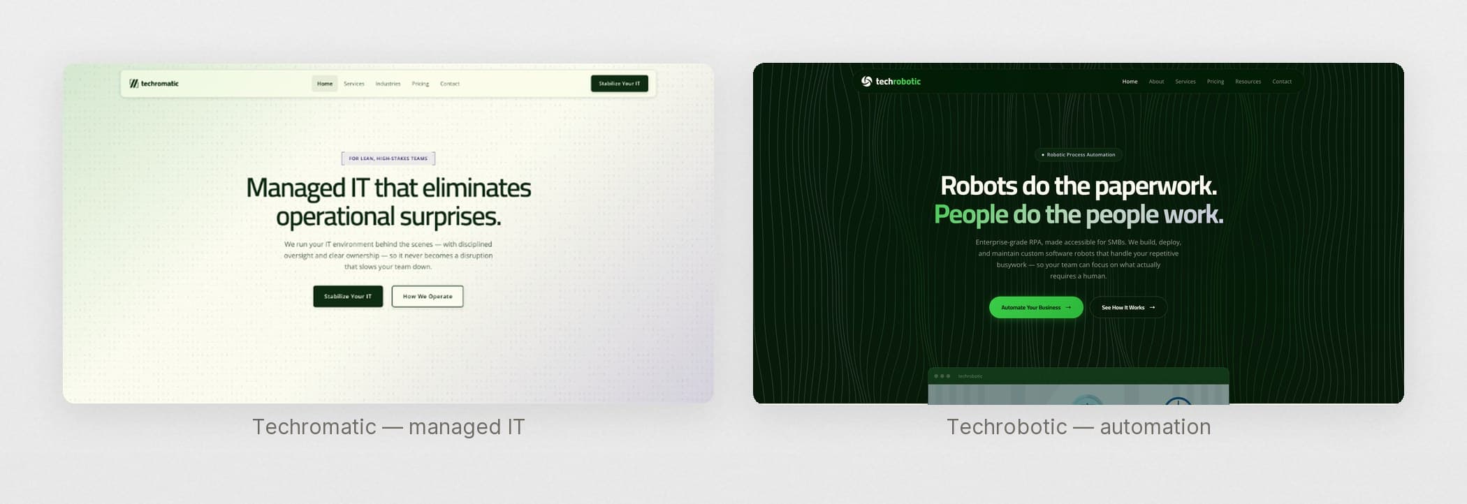 The two homepage heroes, each stating a separate position