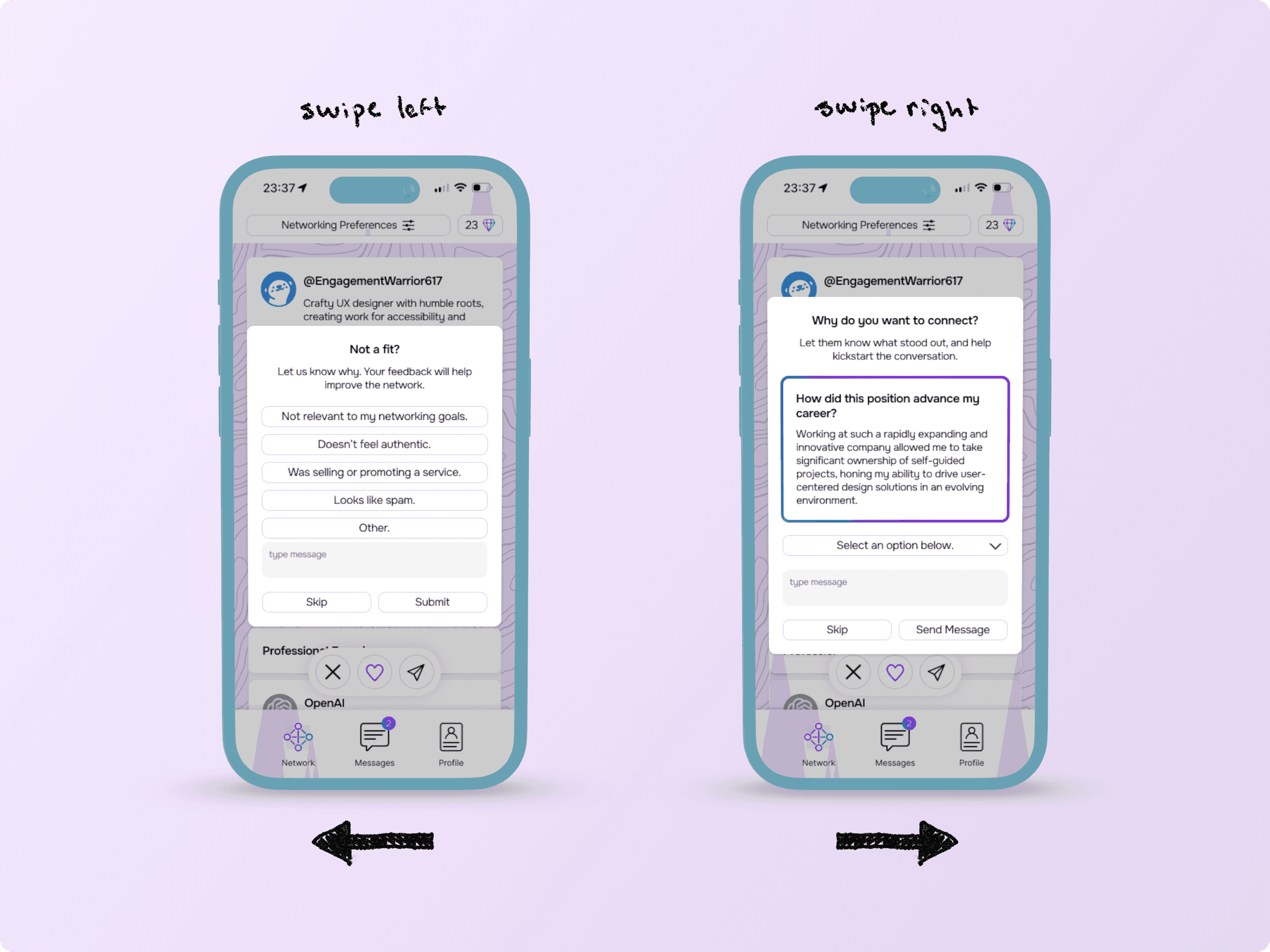 Mockups Detailing the Feedback Flywheel for Swiping Right or Left on a Profile