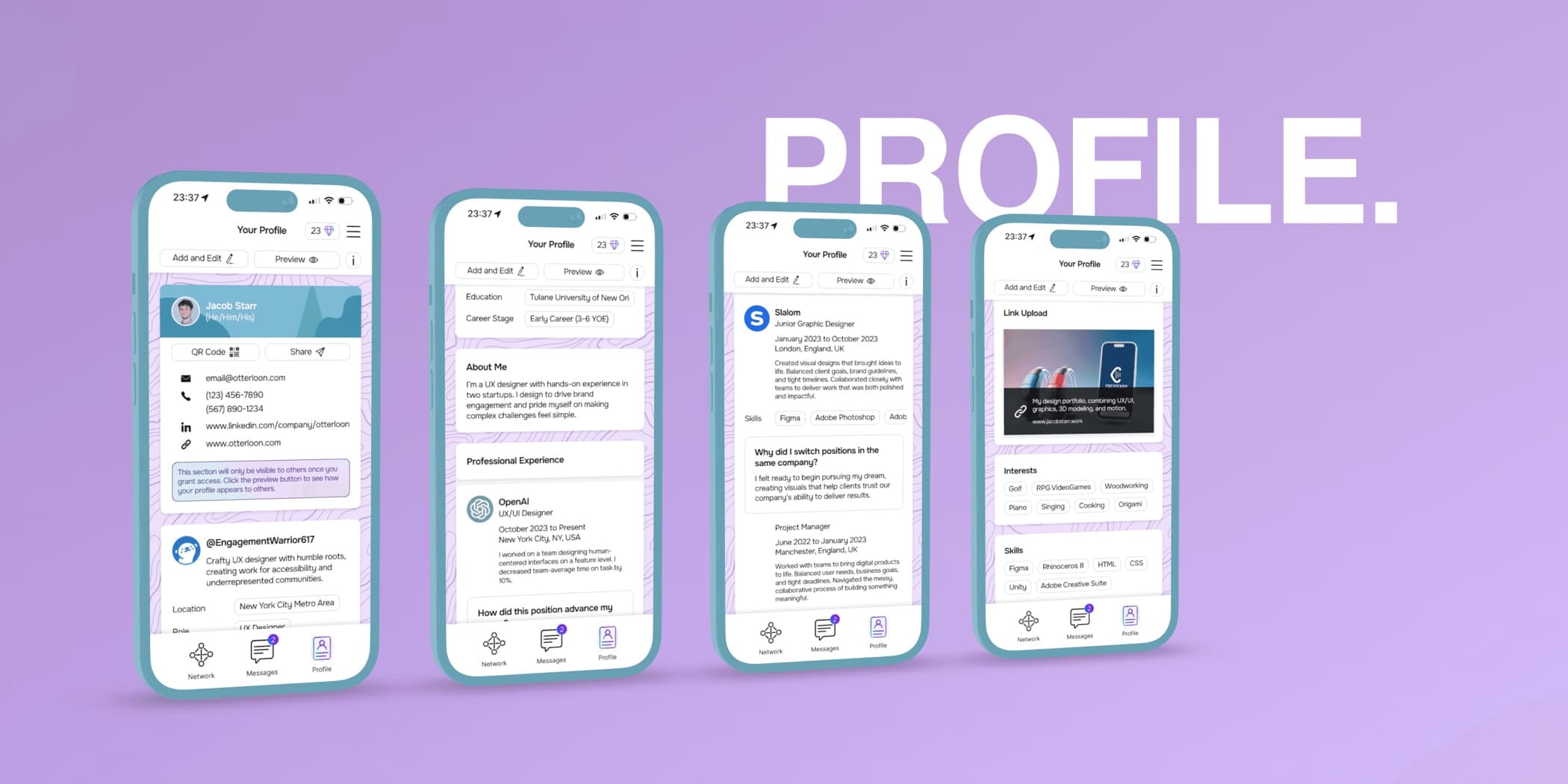 Four Side-by-Side Mockups of OtterLoon's Profile Pages