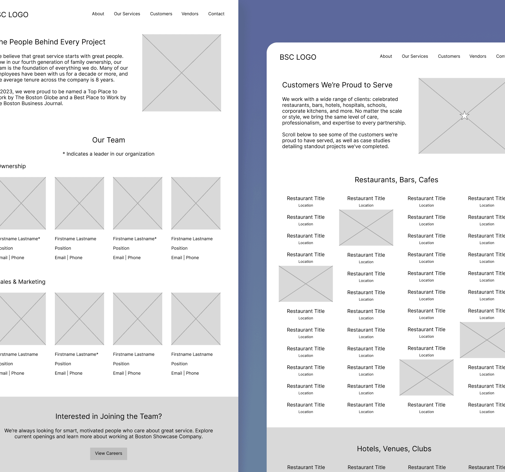 Mid-Fidelity Mockups for Modernized Pages on BoShoCo's Site