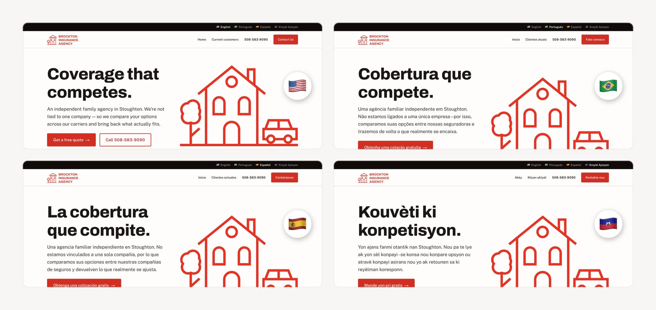 The same page in English, Portuguese, Spanish and Haitian Creole