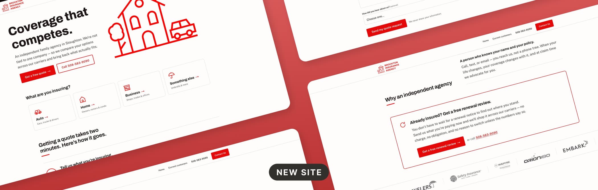 Angled array of the rebuilt site: the three pages that replaced six