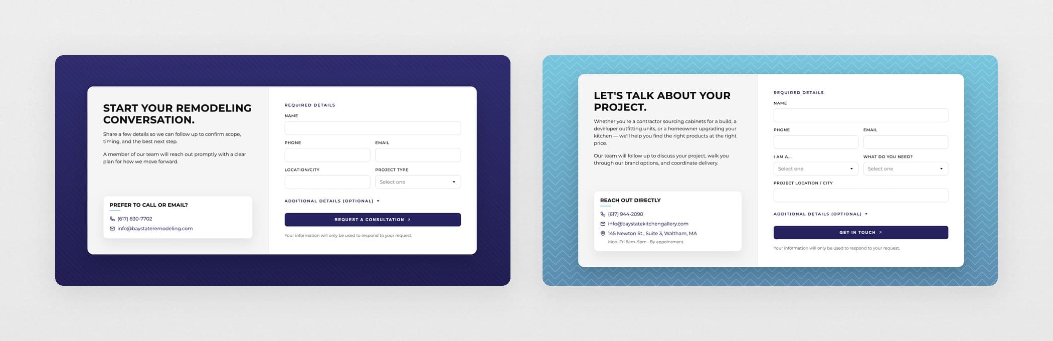 The two redesigned contact forms, Remodeling and Kitchen Gallery