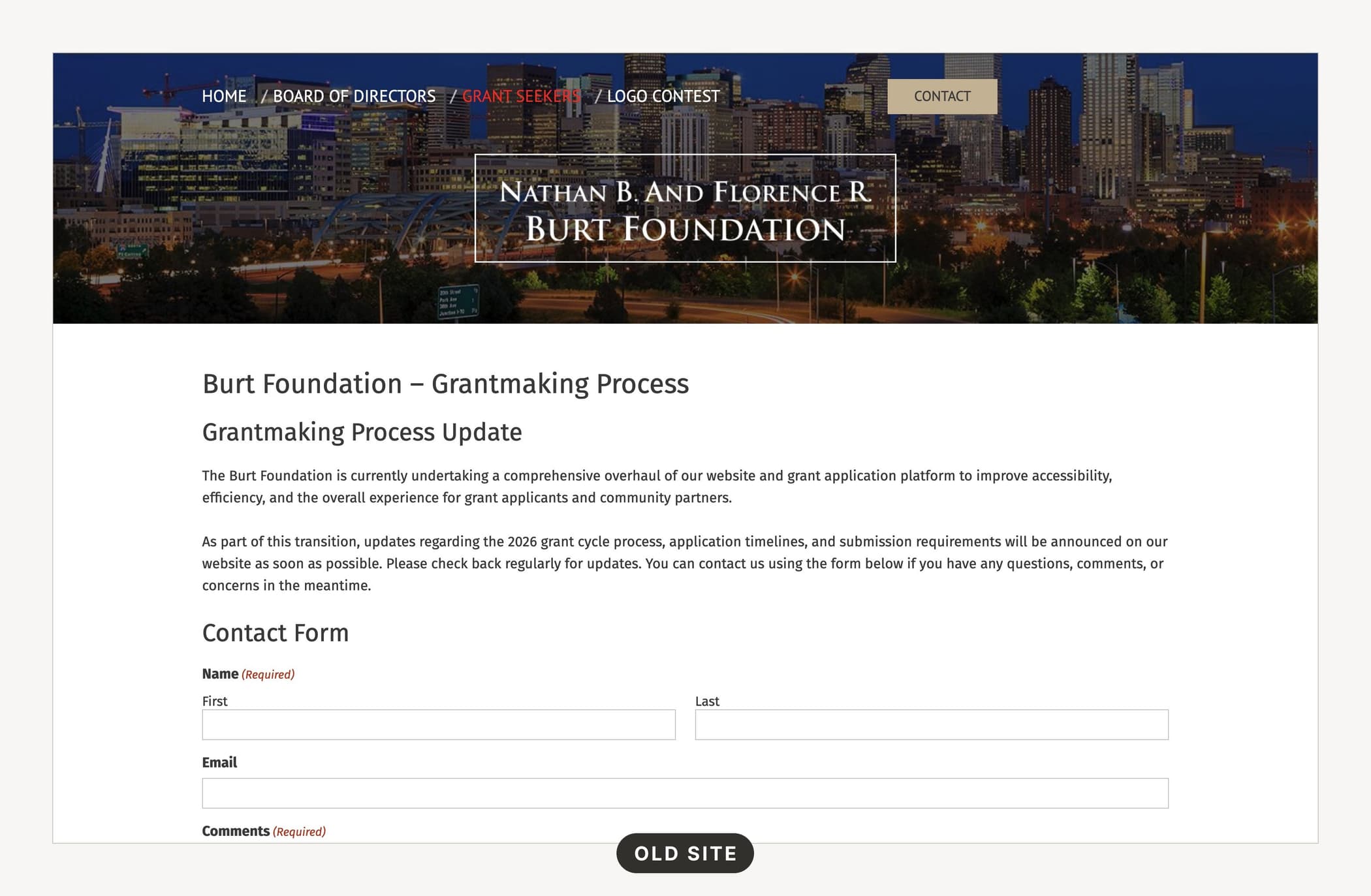 The previous site: a stock skyline header over a page of text