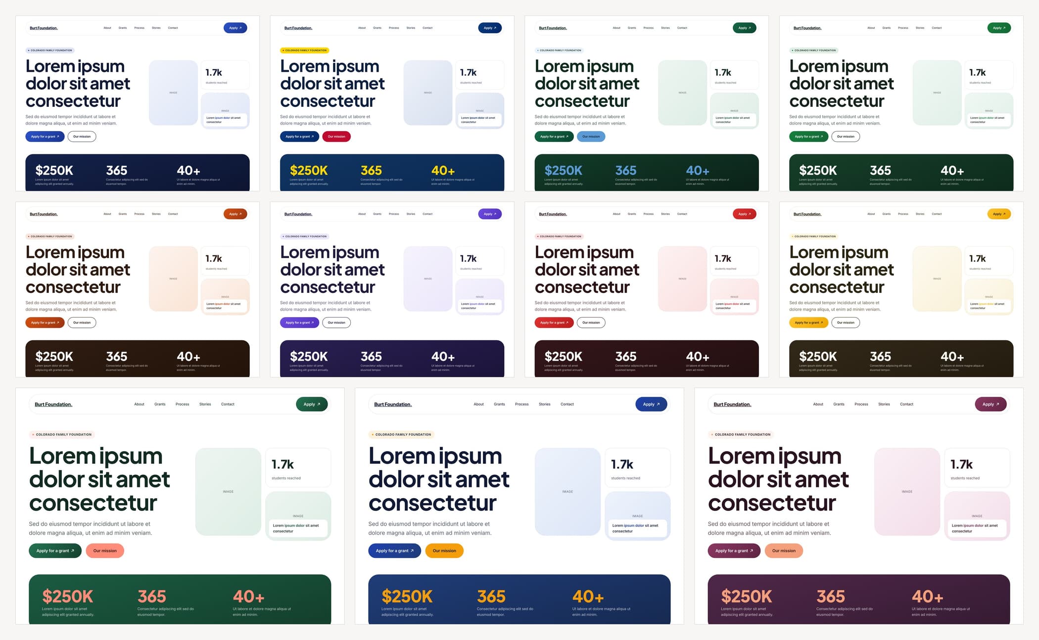 11 palette explorations on the same test page, the three finalists across the bottom row