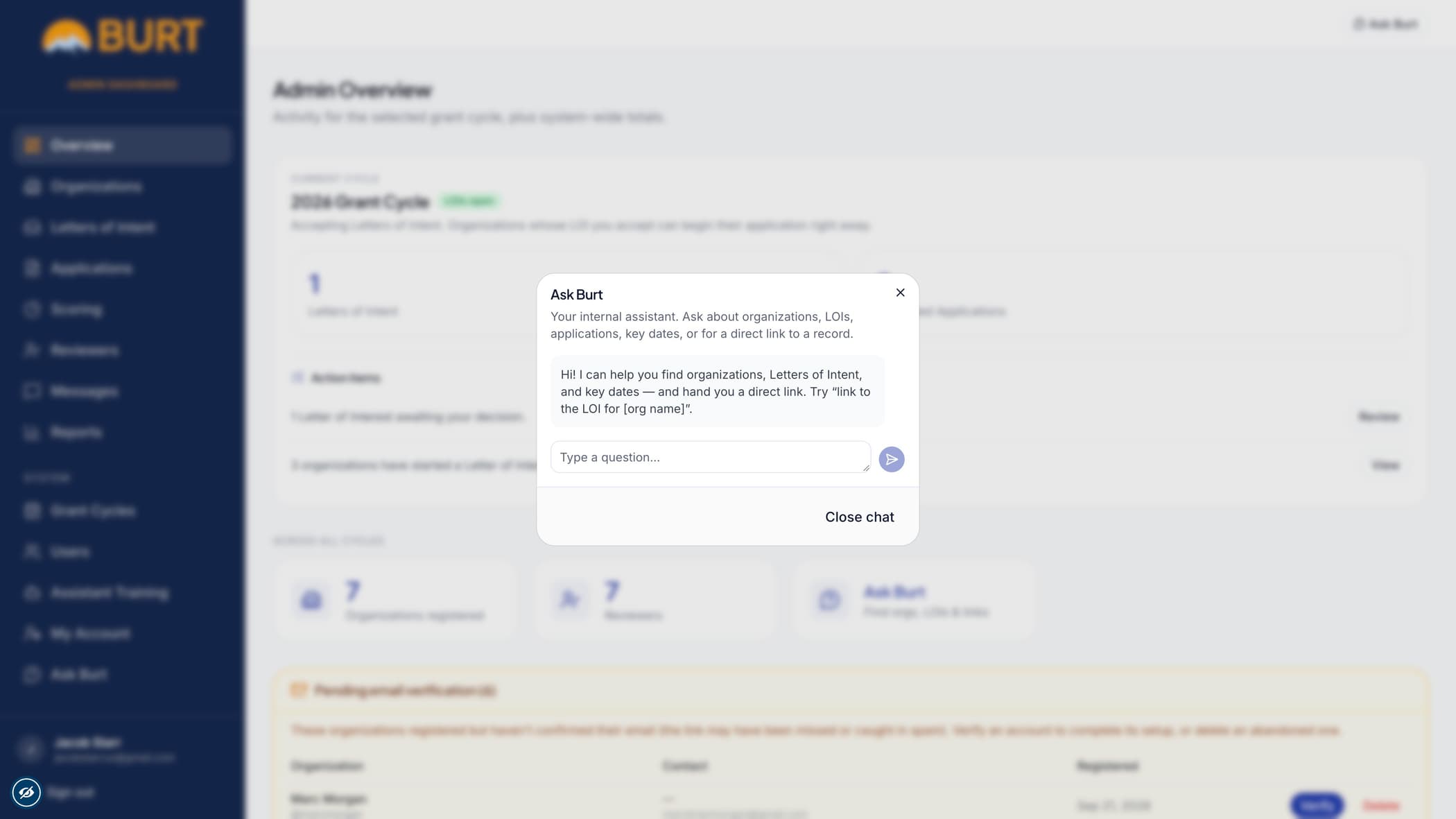 Ask Burt open over the admin overview