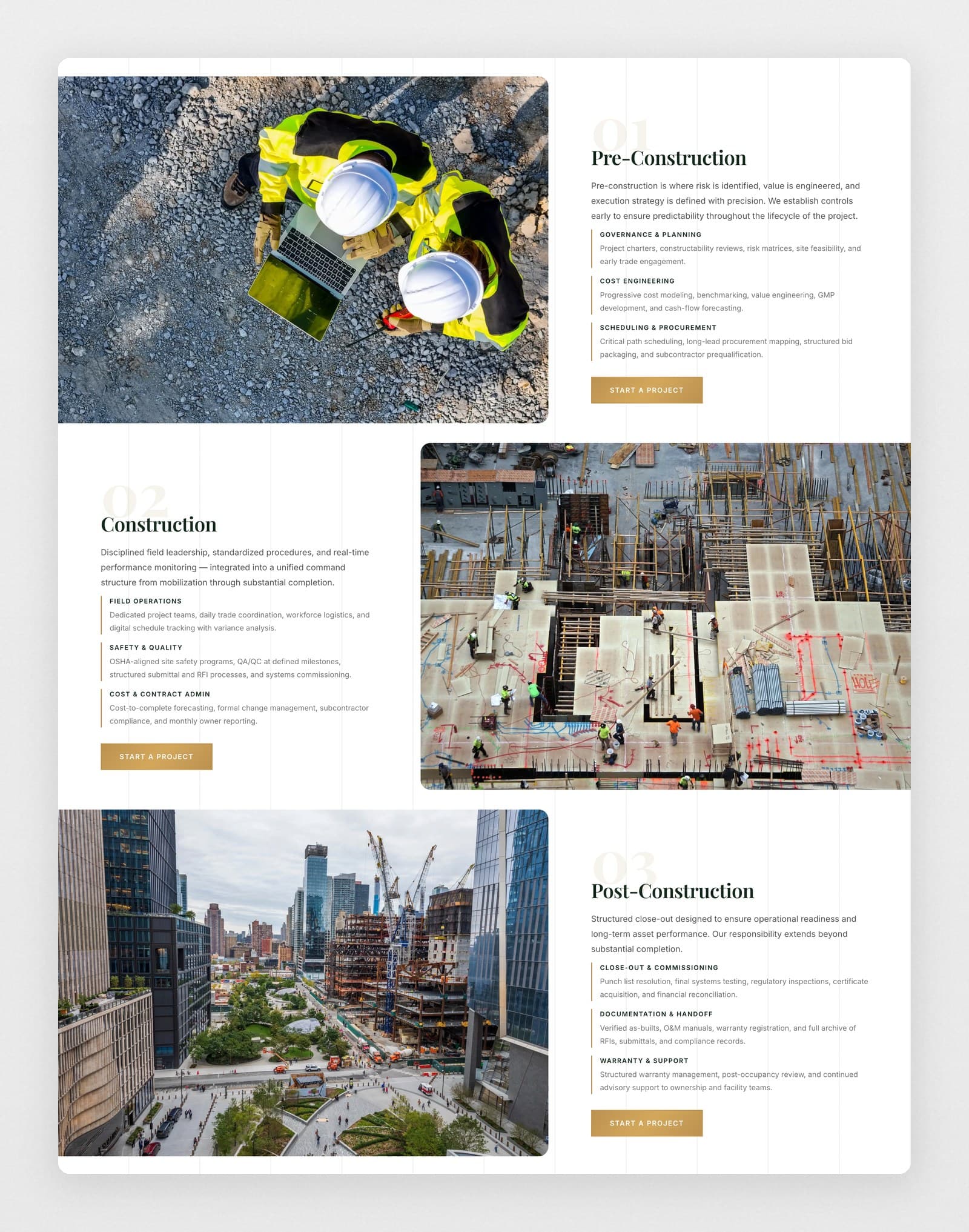 The Services page, each stage taken apart into governance, cost, scheduling, safety, close-out and warranty
