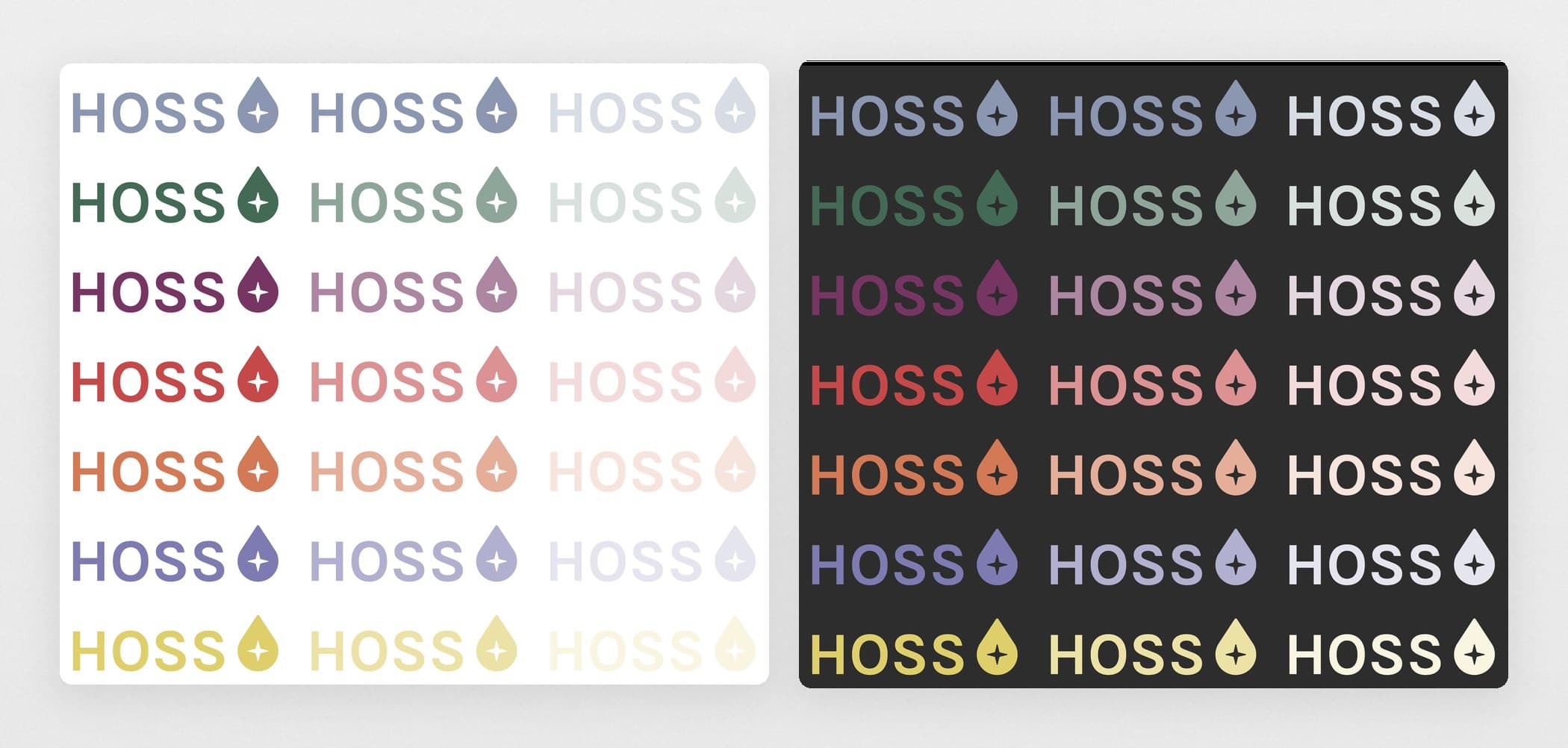 The full colorway range, on a light ground and on a dark one