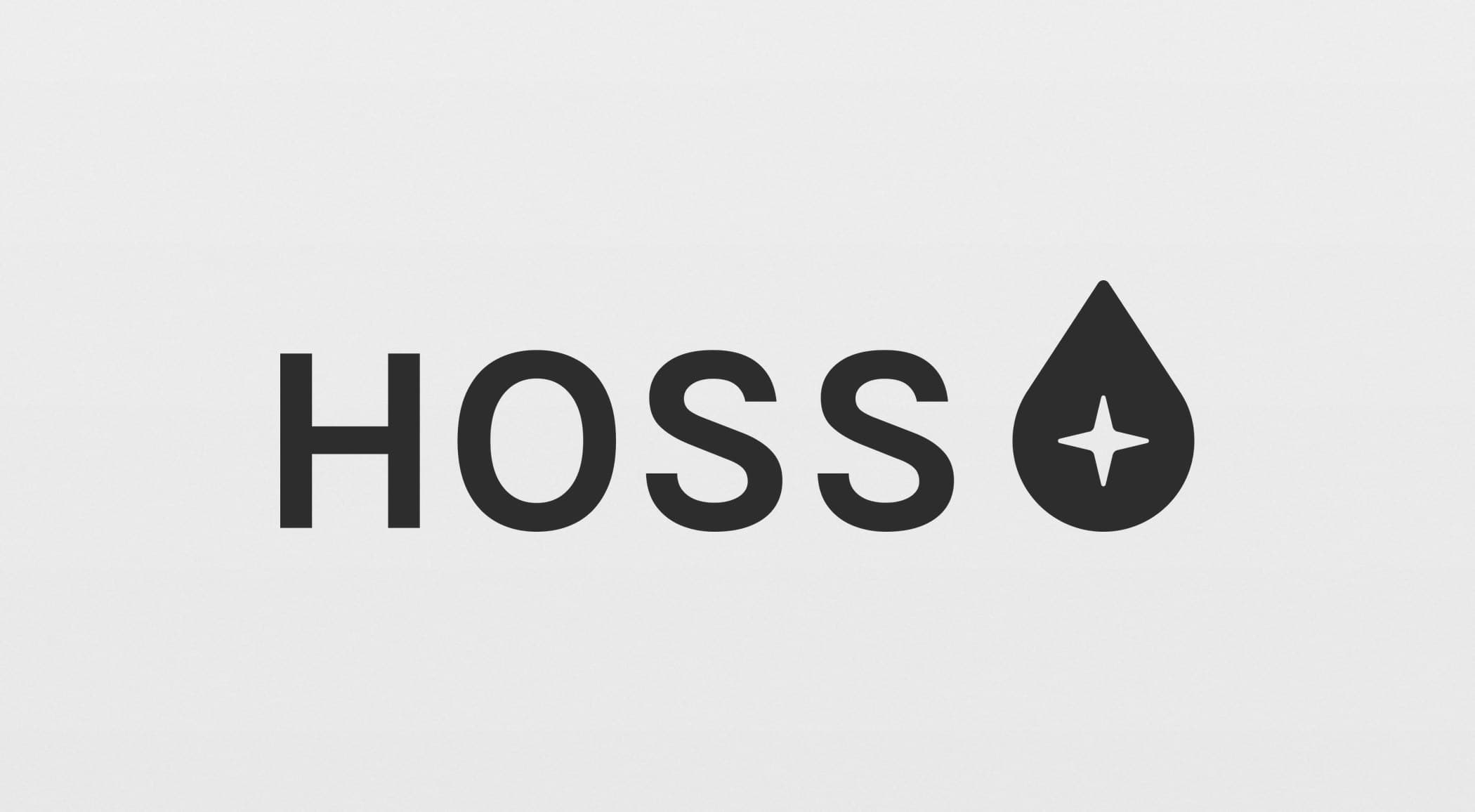 The HOSS lettermark with the droplet logomark as its final character