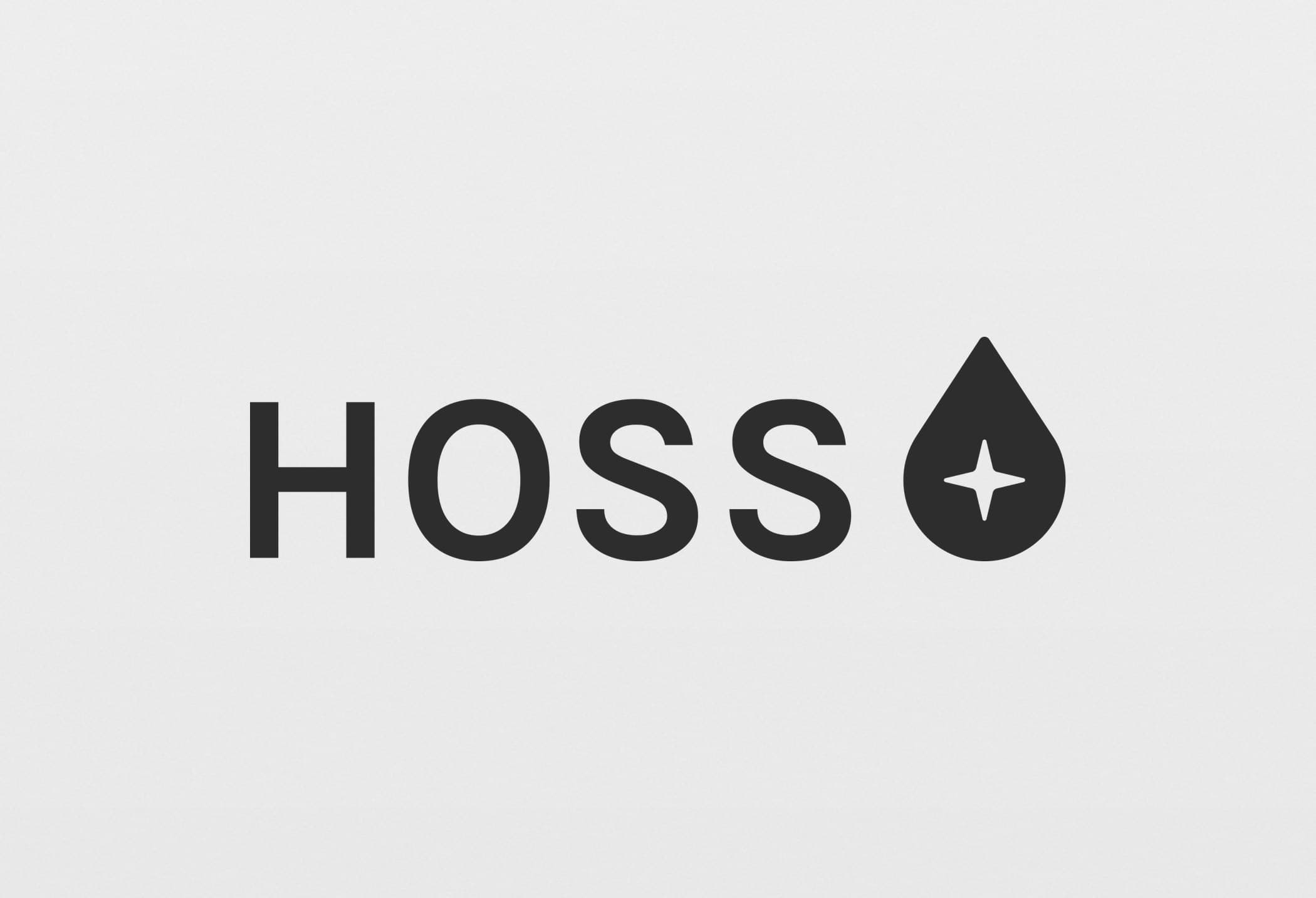 The HOSS lettermark with the droplet logomark as its final character