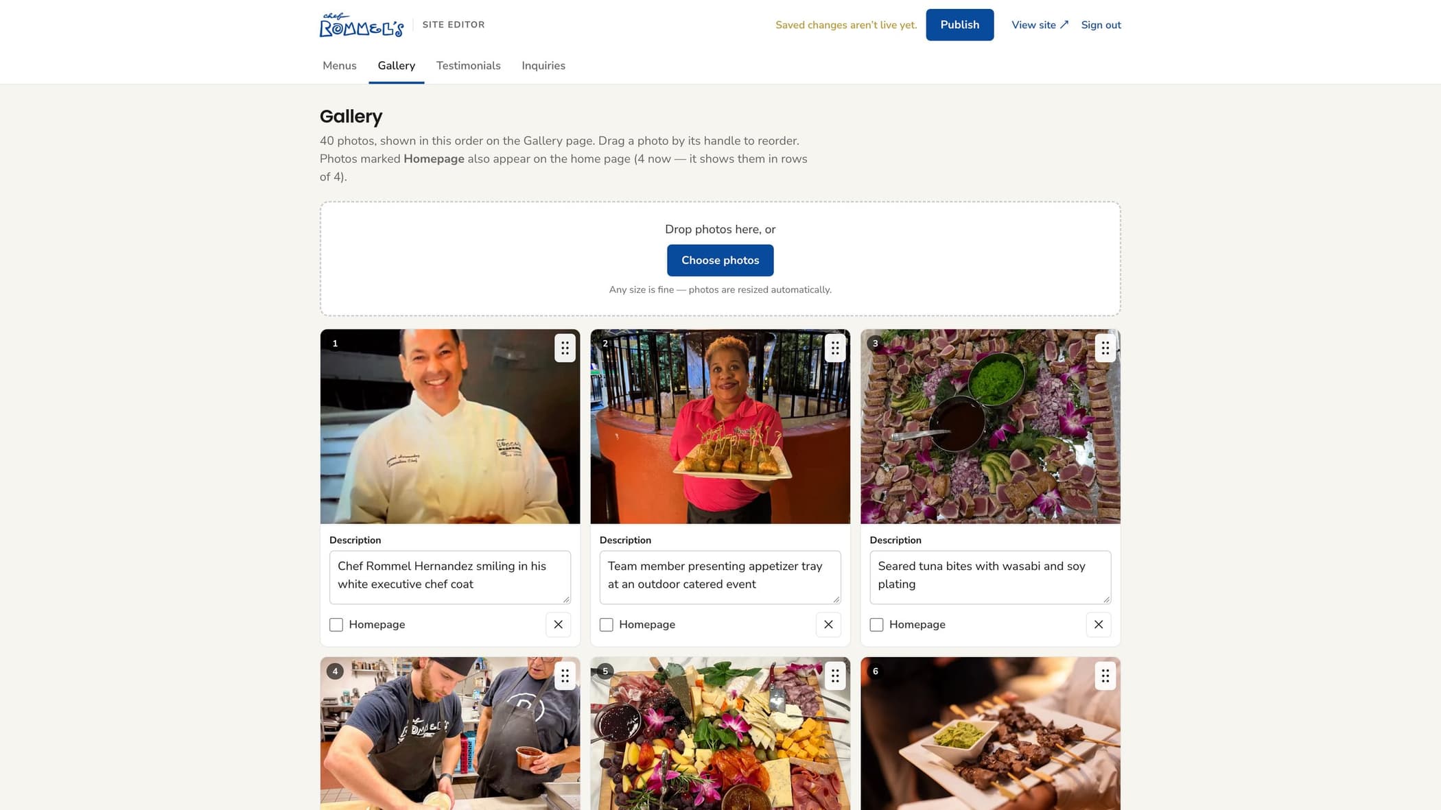 The Rommel's site editor, Gallery tab: a drop zone for photos and draggable photo cards with descriptions and a Homepage checkbox