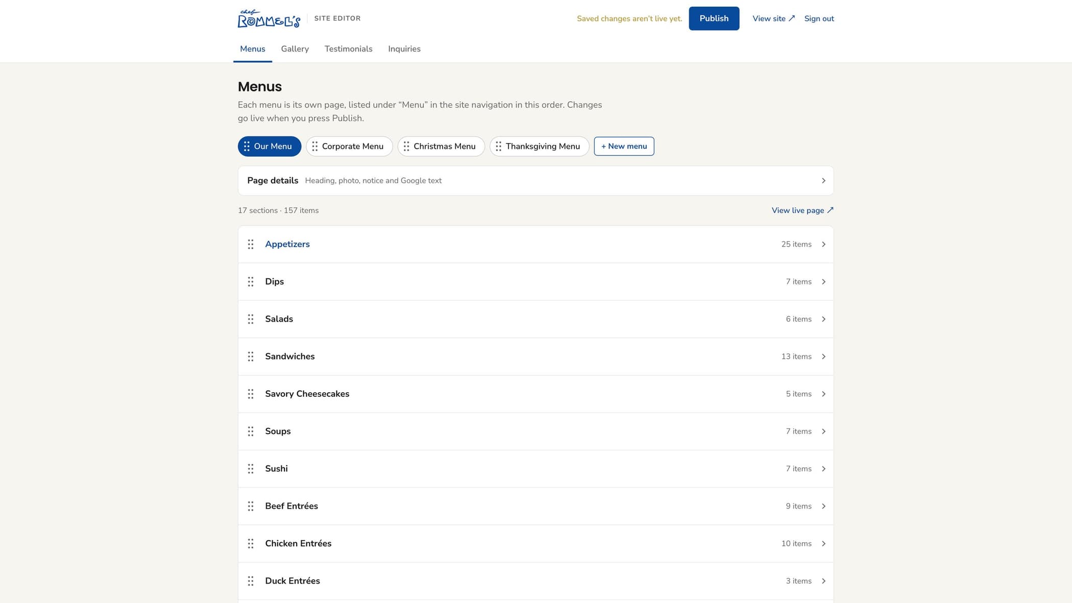 The Rommel's site editor, Menus tab: four menus as tabs, a New menu button, and draggable sections with item counts