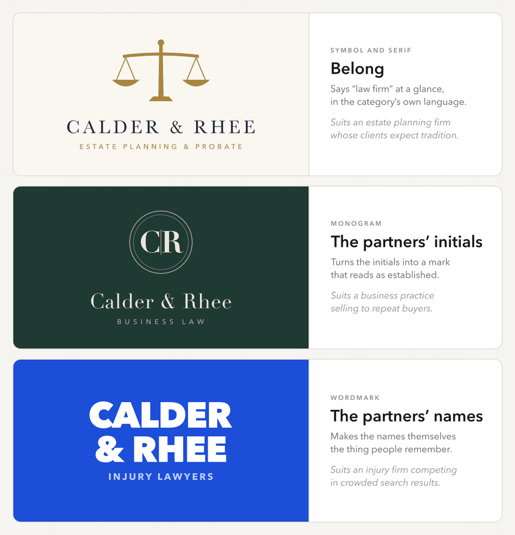 One fictional law firm, Calder & Rhee, built three ways. Symbol and serif: scales over a classic serif in navy and gold, for an estate planning firm. Monogram: the partners' initials, C and R, in a high-contrast serif inside a ring on deep green, for a business practice. Wordmark: the partners' names in heavy white type on bright blue, for an injury firm.