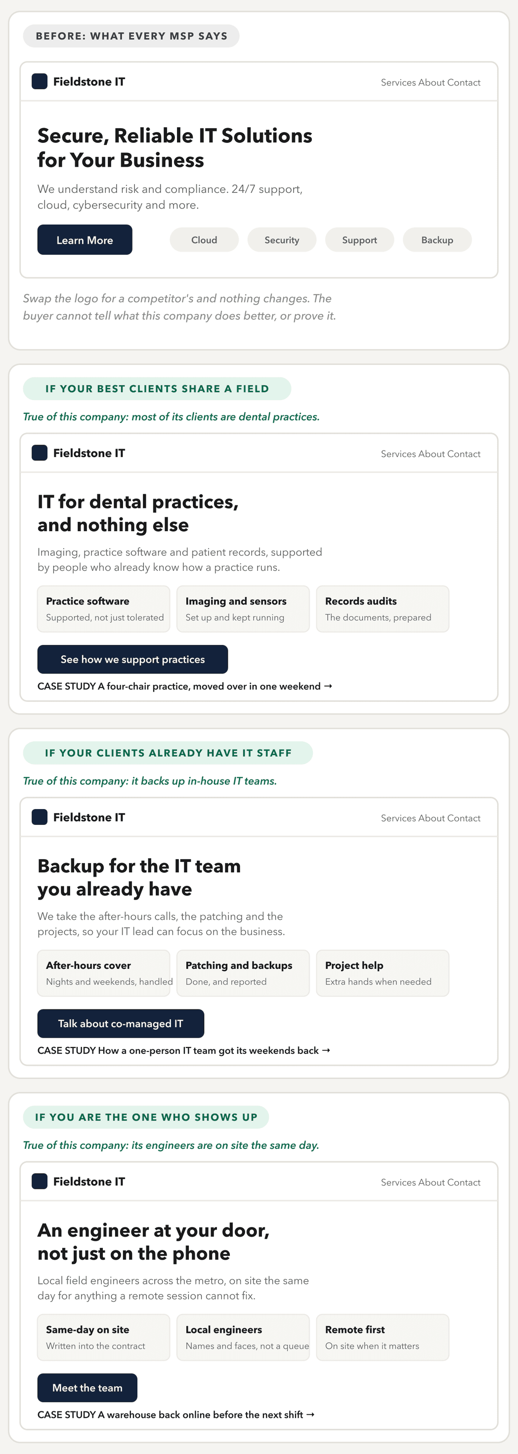 Before: a fictional MSP homepage headed